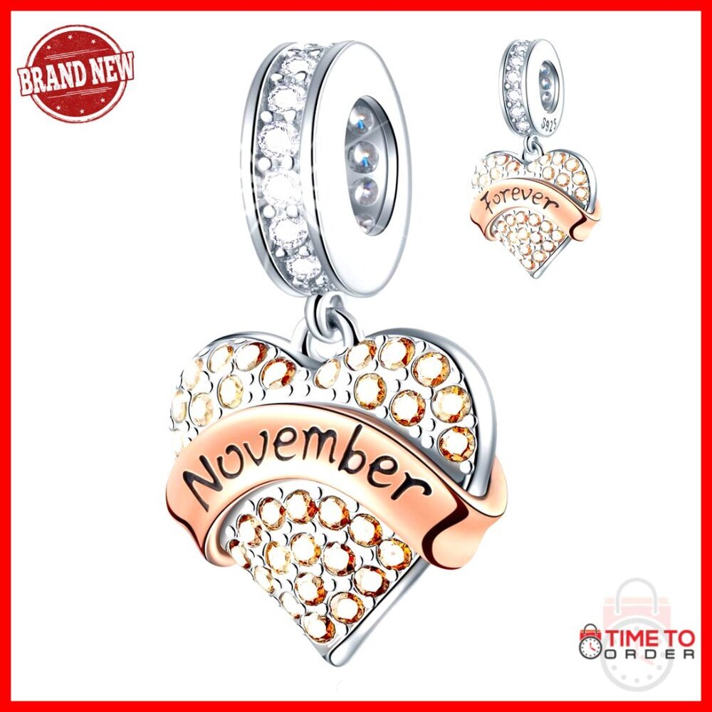 Sterling Silver Heart Charm with Birthstones for European Bracelets